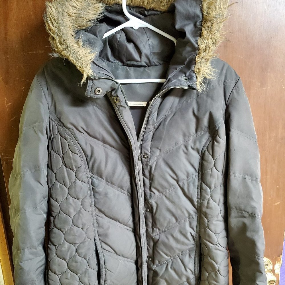 Brown/Gray DKNY Coat with Fur Trimmed Hood - Large